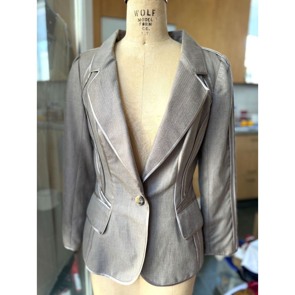 NWT Kaufman Franco Cashmere Silk Herringbone Ecru Blazer Jacket SZ EU 42 = US 6